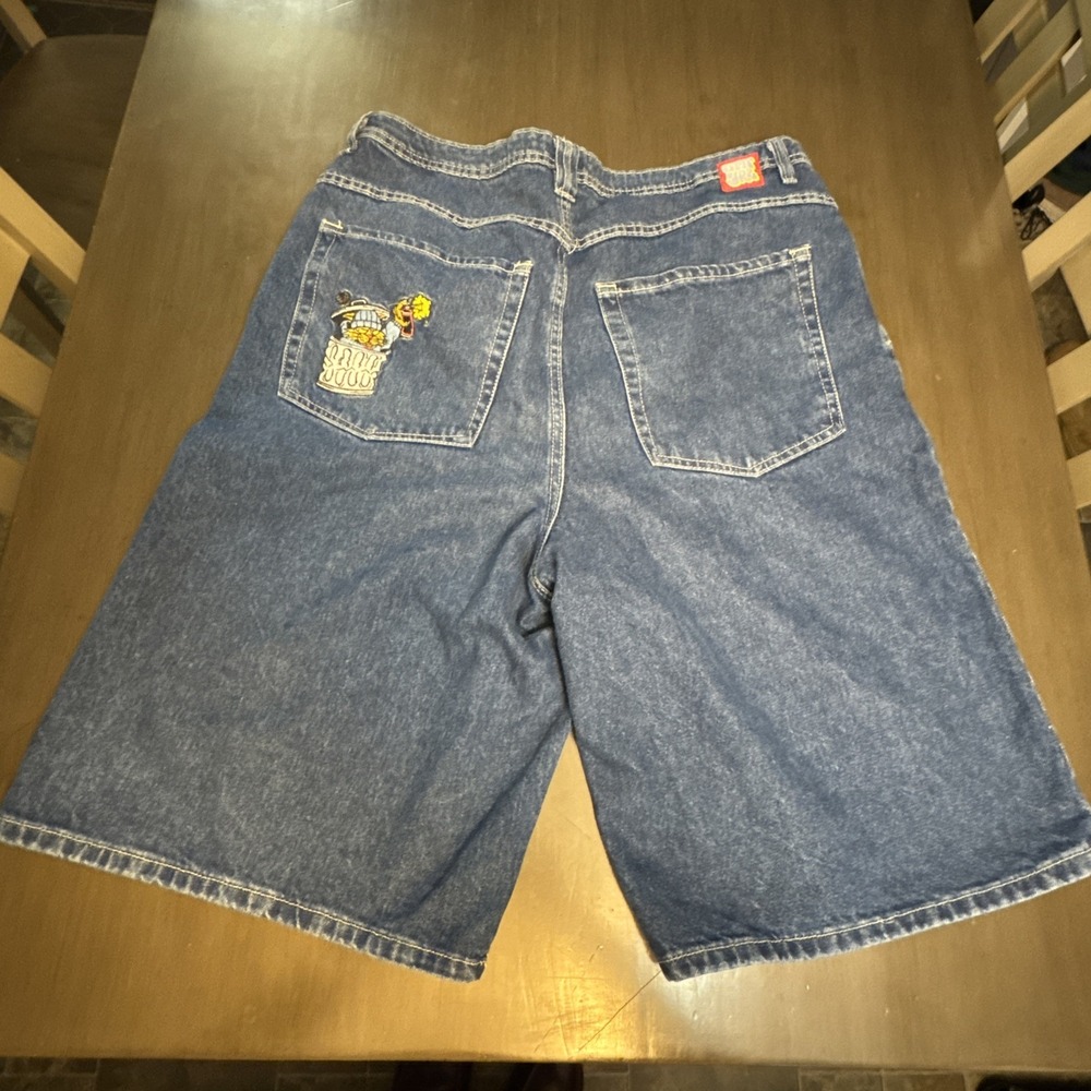 EMPYRE Denim Shorts Mens Size 38 Graffiti Cat Graphic Drawstring Blue Jeans Y2K